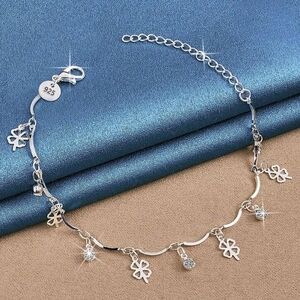 Sterling 4 Leaf Clover Charm Bracelet - Silver W/ Rhinestones